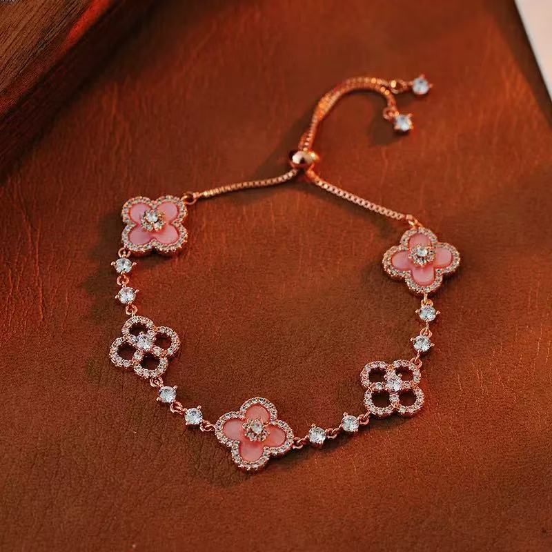 Natural Pink Stone Lucky Clover Bracelet & Necklace Set