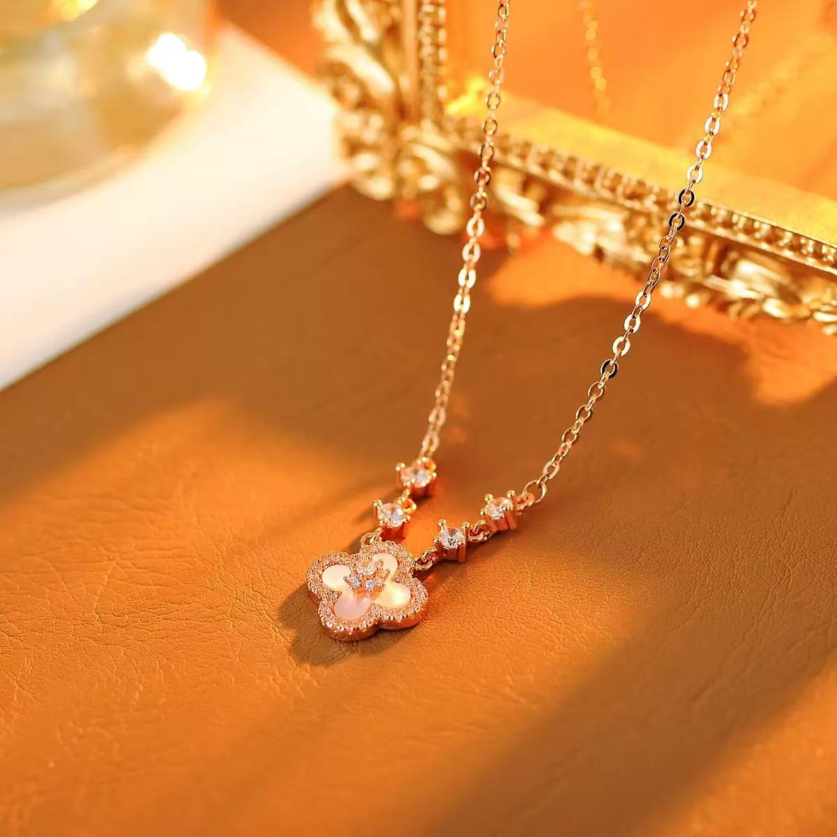 Natural Pink Stone Lucky Clover Bracelet & Necklace Set