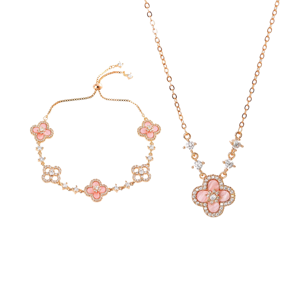 Natural Pink Stone Lucky Clover Bracelet & Necklace Set