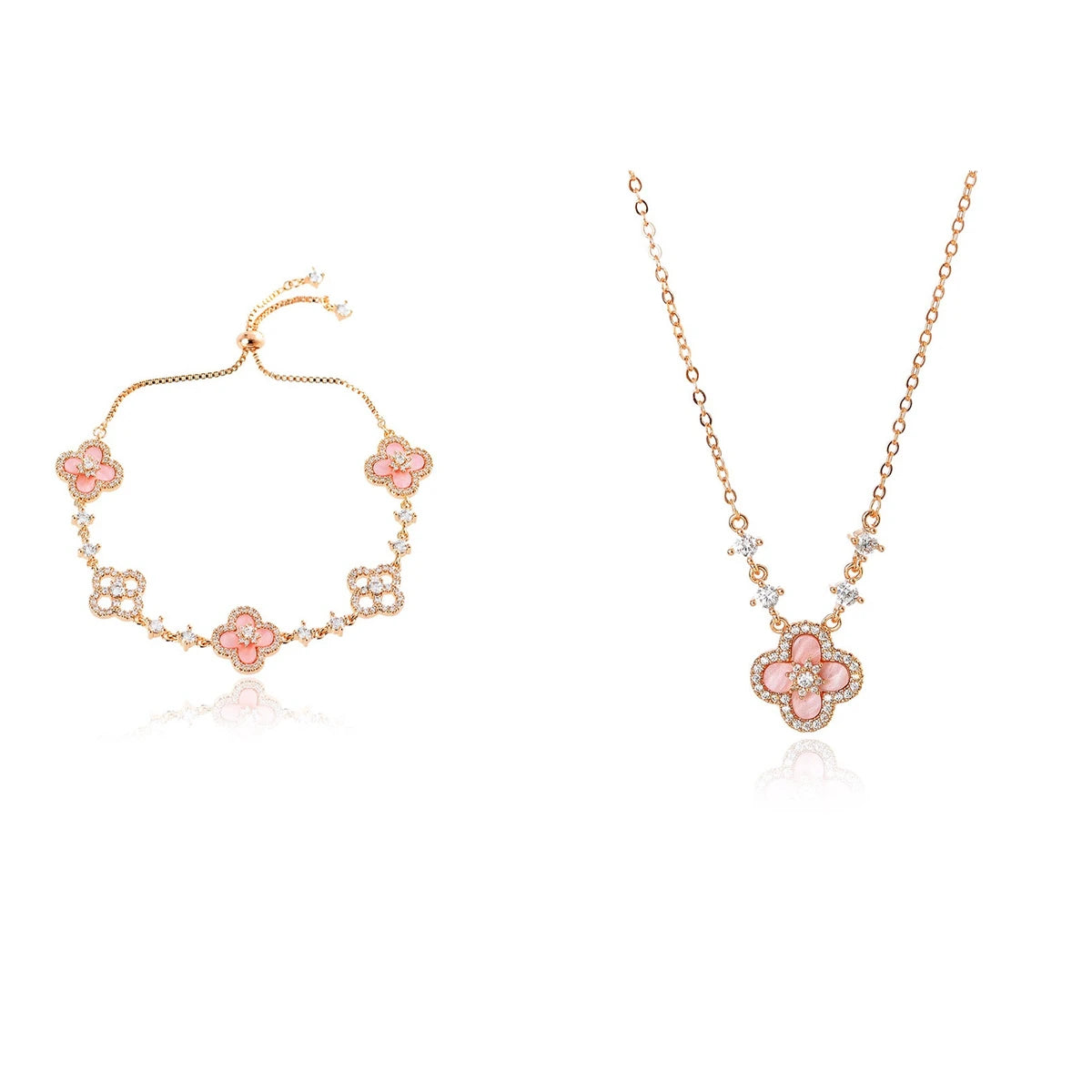 Pink clover necklace and matching bracelet