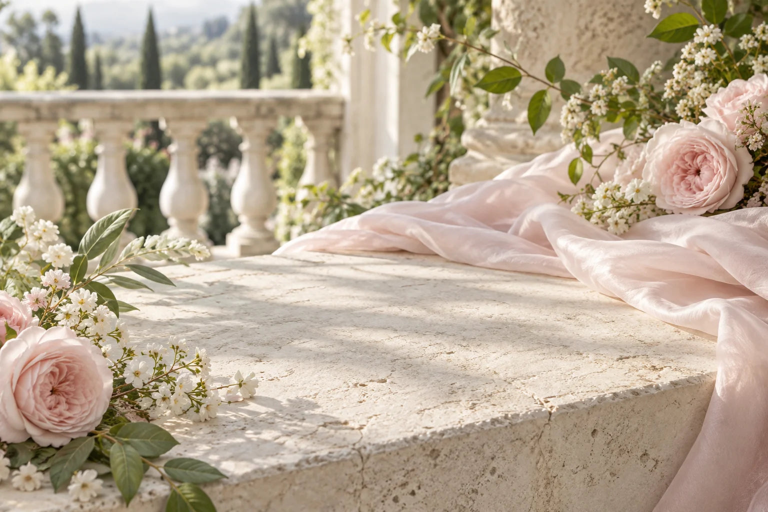 Blush roses and fresh greenery in a sunlit garden